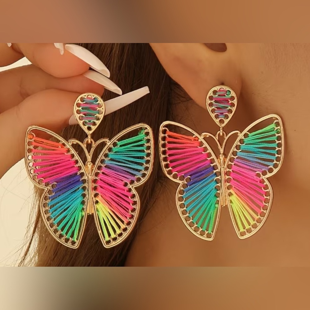 Gold-Tone Rainbow Butterfly Statement Earrings - Multicolor